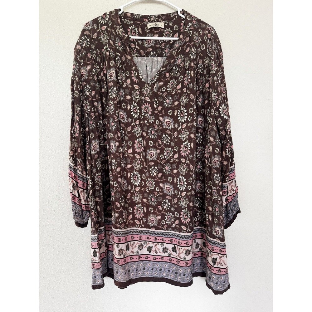 Natural Life Paisley Mini Dress Large Purple Floral Tassel Boho Hippie Peasant